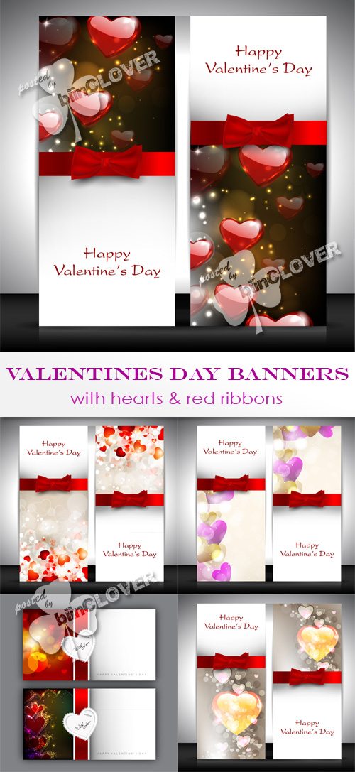 Valentine's Day banners with hearts and red ribbon 0374