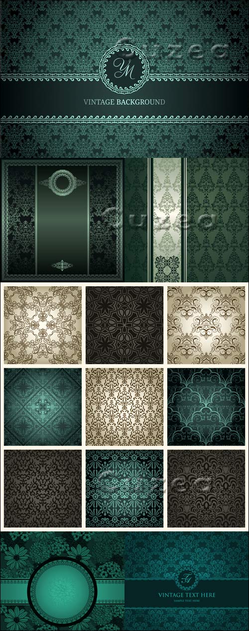 Vintage backgrounds with gold elements in green tone in a vector