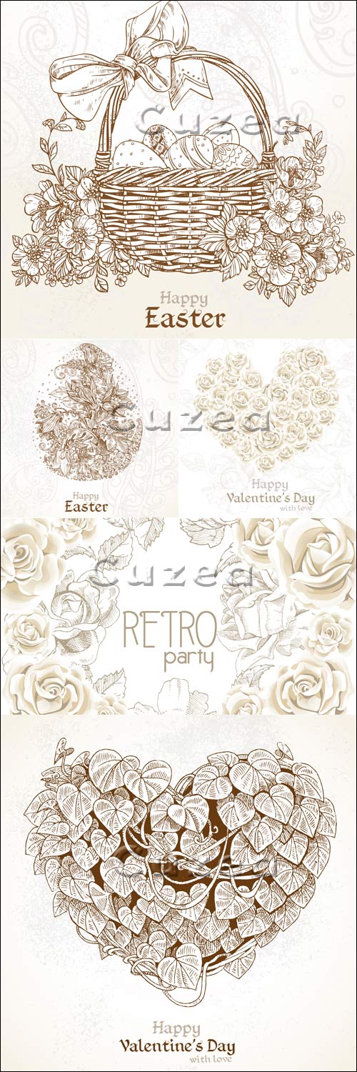 Vintage drawings for Easter and for Valentine's Day in a vector