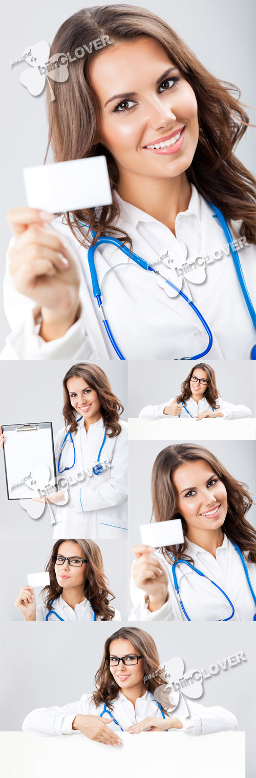 Woman doctor with blank signboard 0383